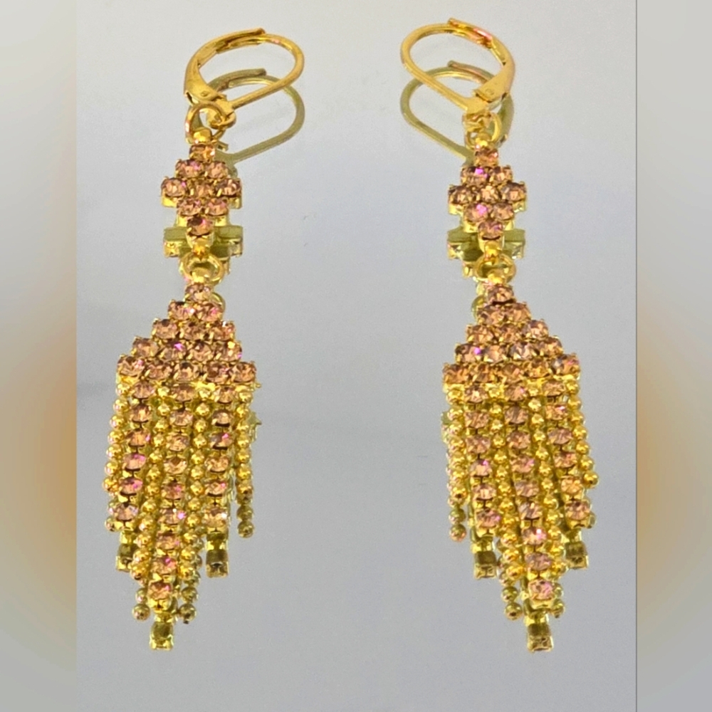 Gold Tone Crystal Trapeze Fringe Drop Earrings